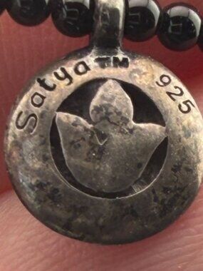 Vintage Anklet Sterling Silver Lotus Black Glass Beads Satya 10" 925 Yoga Spirit